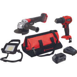 Pack 20V perceuse visseuse 40Nm brushless-meuleuse d'angle 125mm-projecteur LED 35W-2 batteries Li-ion 5Ah - 86135 - DRAKKAR