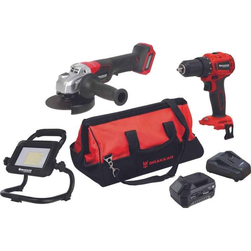 Pack 20V perceuse visseuse 40Nm brushless-meuleuse d'angle 125mm-projecteur LED 35W-2 batteries Li-ion 5Ah - 86135 - DRAKKAR